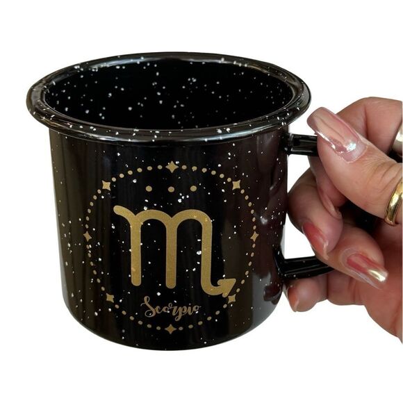 Scorpio Astrology 18 oz Enamel Campfire Mug Zodiac Symbol Black White & Gold NWT - Picture 2 of 8